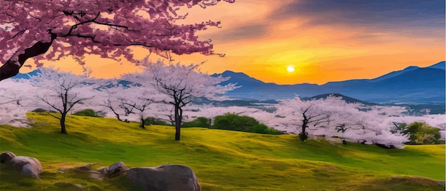 Vector 枝桜のある風景、朝の雲の中の霧深い山、東洋の自然