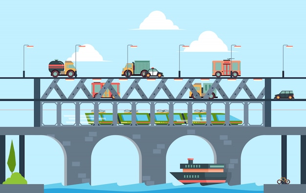 Vector landscape with bridge. speed truck highway bridge with cars  cartoon background illustration