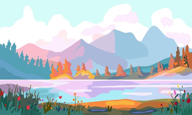 Vector landscape with a mountain lake river bank at sunset camping site banner and tourism advertising