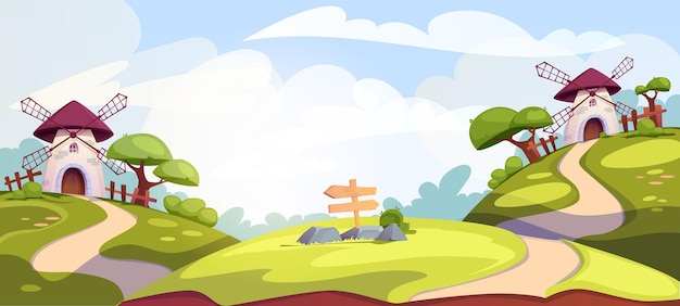 Vector landscape with windmill colorful stylized banner with village scenery with green hills roads and