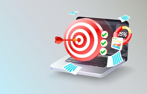 Laptop icon target, business analysis, computer search information. Vector illustration