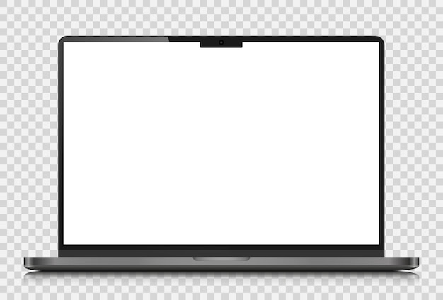 Laptop layout with reflection on a transparent background A realistic laptop with a dark silver case and a white screen