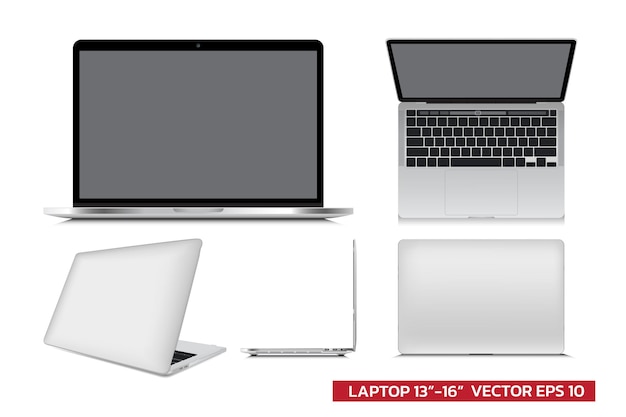 Vector laptop mockup with different view front, side top, 3d, realistic vector illustration for mockup graphic, architectural drawing on white background.