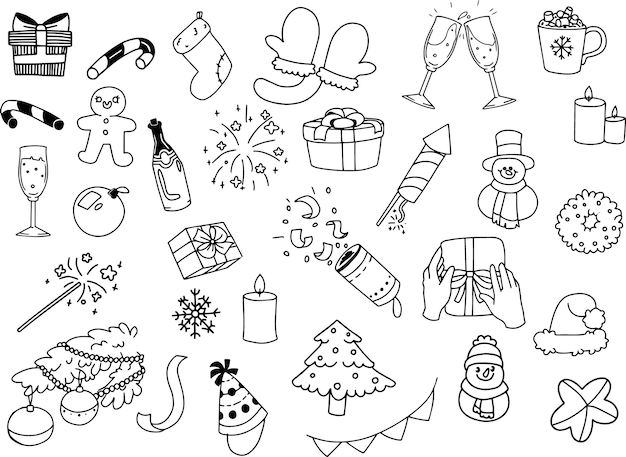 A large collection of Christmas vector design elements in the doodle style. Hand-drawn sketches depicting gifts, champagne, fireworks, sparklers, candles, Christmas decorations, Christmas trees, snow