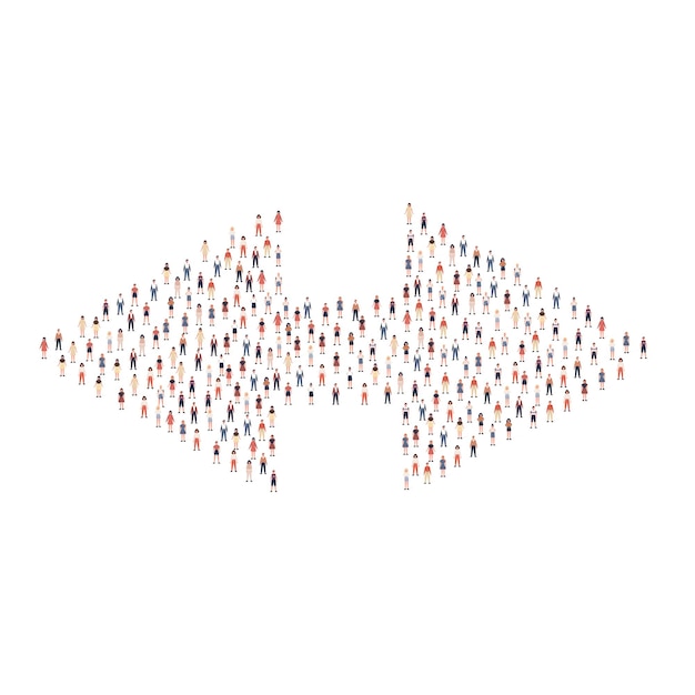 Large group of people different silhouette crowded together in arrow direction shape Vector