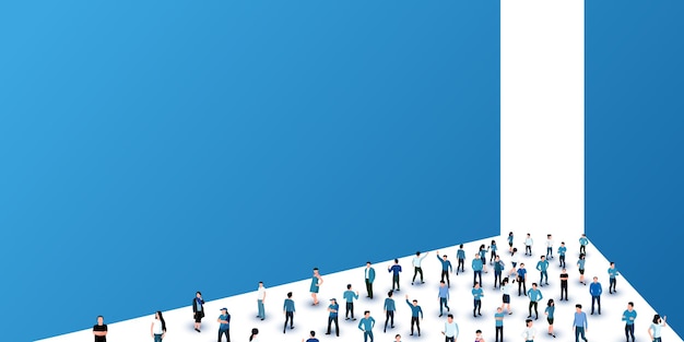 Large group of people stand in front of door concept of opportunities and a new path