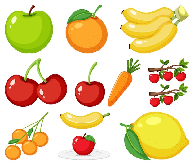 Large set of different types of fruits on white background