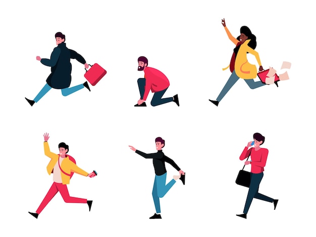 Late people Business characters running person rush to office speed lifestyle stressed hurrying stressed people garish vector flat illustrations