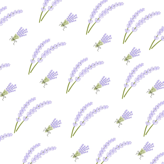 Vector lavender pattern with purple flowers and branches seamless floral background