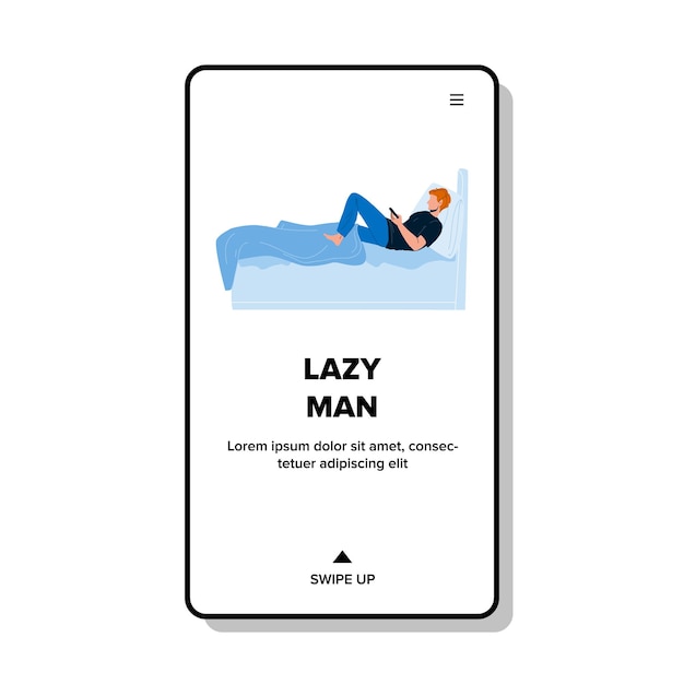 Lazy Man Lying In Bed And Play With Phone Vector. Lazy Man Resting In Bedroom And Playing Electronic Game On Smartphone Or Watching Social Media Application. Character Web Flat Cartoon Illustration
