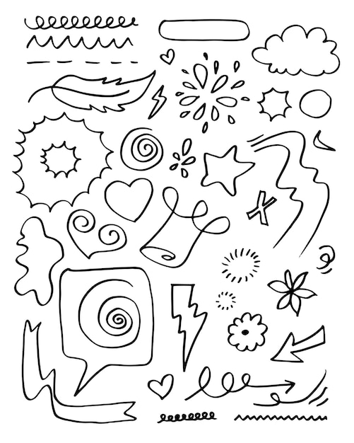 leaves hearts abstract ribbons arrows and other elements in hand drawn styles for concept designs Doodle illustration Vector template for decoration