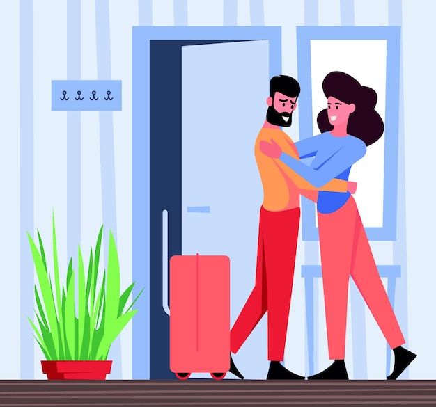 Leaving persons Doorway going people characters meeting and hugs scenes greeting garish vector colored flat background illustrations