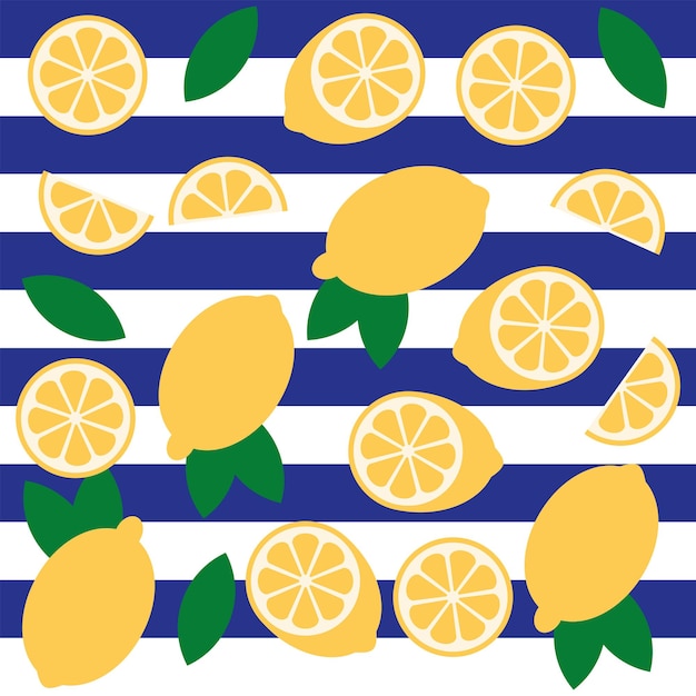 Vector lemon citrus vector fun seamless pattern on blue and white striped background