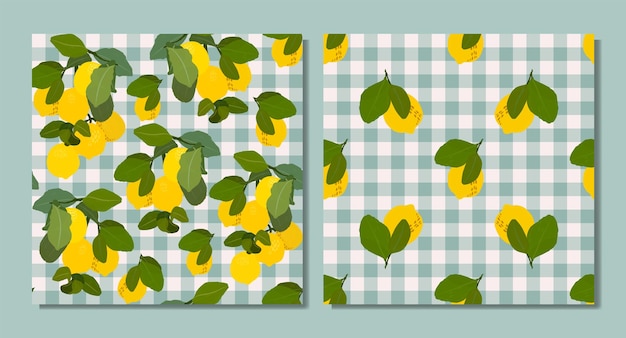 Vector lemons gouache flat illustration seamless patterns set green leaves and lemons isolated