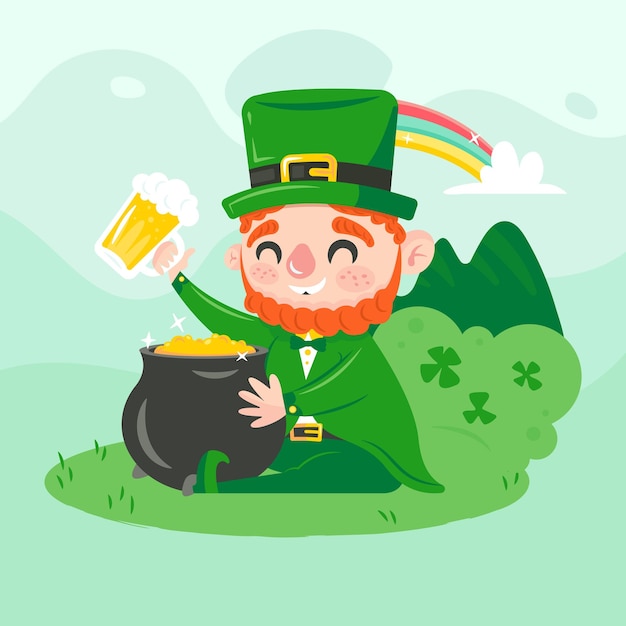 a leprechaun with a pot of gold and clover on the ground