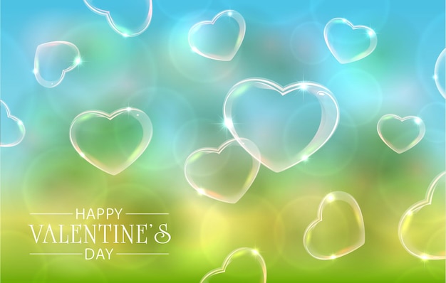 Vector lettering happy valentines day on green and blue background with soap bubbles in the form of valentines hearts. illustration can be used for holiday design, posters, cards, websites, banners.