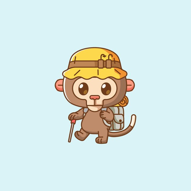 Vector leuke aap wandelkamp kawaii chibi personage mascotte illustratie schets stijlontwerp