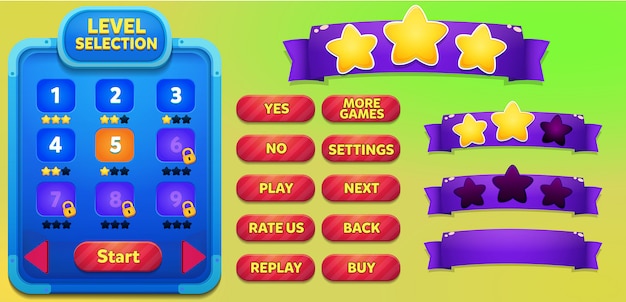 Level selection game menu scene with game buttons, loading bar and win lose stars