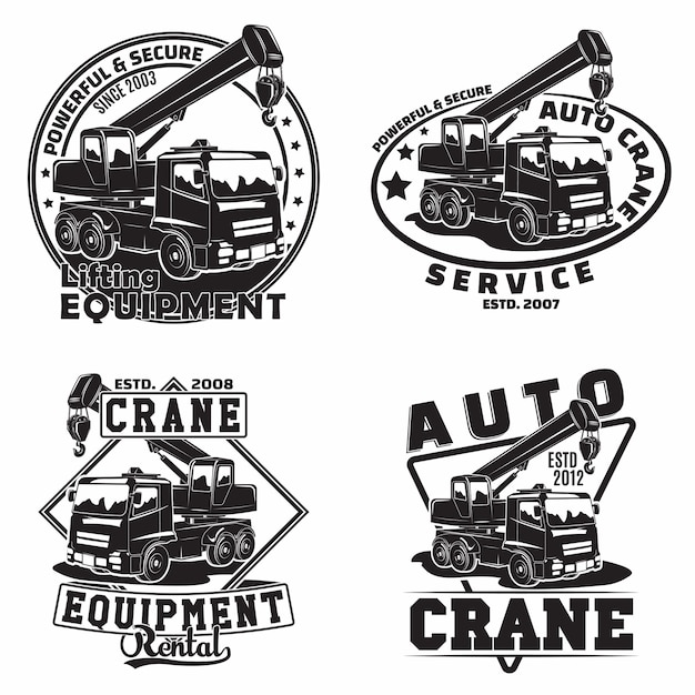 Lifting work emblems designs, emblems of crane machine rental organisation print stamps, constructing equipment, Heavy crane machine typographyv emblems 