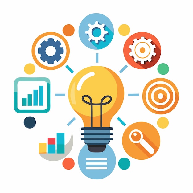 Vector light bulb with gears charts and magnifying glass around it