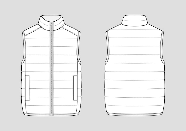 Vector lightweight puffer gilet. padded vest. technical vector sketch. mockup template.