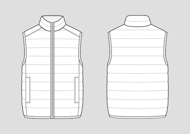 Lightweight puffer gilet. Padded vest. Technical vector sketch. Mockup template.