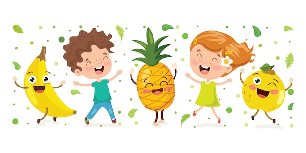 Liitle Child And Cartoon Fruit