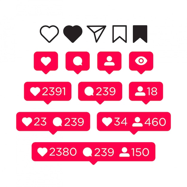 Vector like, comment, follower and notification icons set. social media concept for interface.  illustration isolated on white 