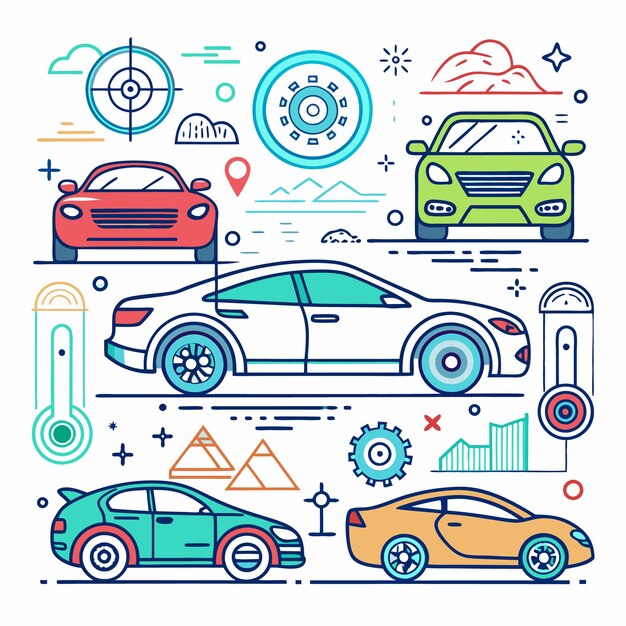 Vector line art illustration of cars road signs and other automotive symbols