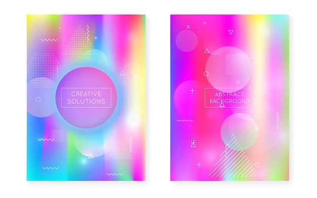 Liquid shapes cover with dynamic fluid. Holographic bauhaus gradient with memphis background. Graphic template for flyer, ui, magazine, poster, banner and app. Fluorescent liquid shapes cover.