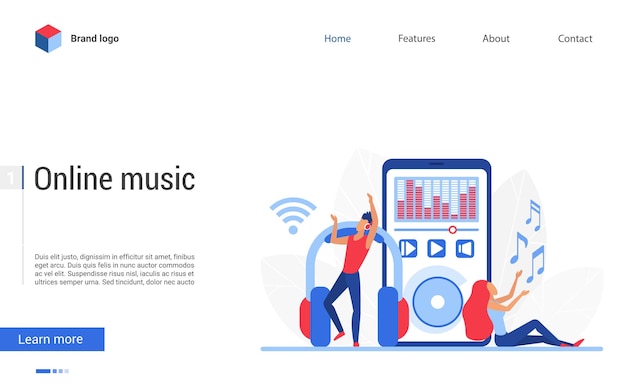 Vector listen online music digital modern landing page for web music player mp3 album playlist