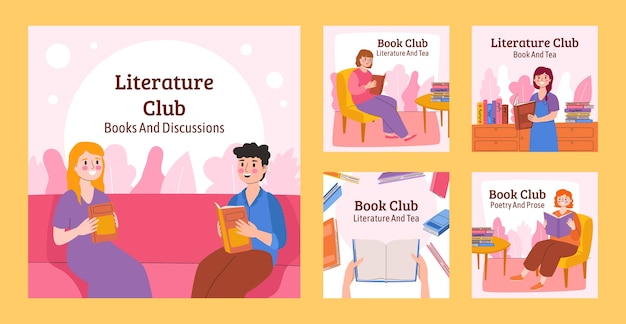 Vector literature and book club instagram posts collection