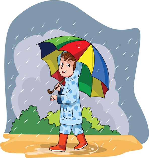 Little boy carrying colorful umbrella in the rainy season vector illustration