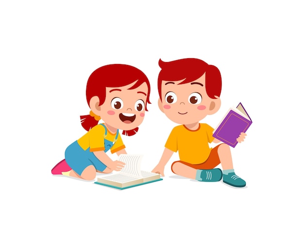 Little boy and girl read book together