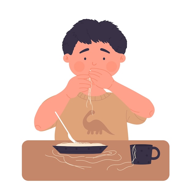 Vector little boy kid eating spaghetti