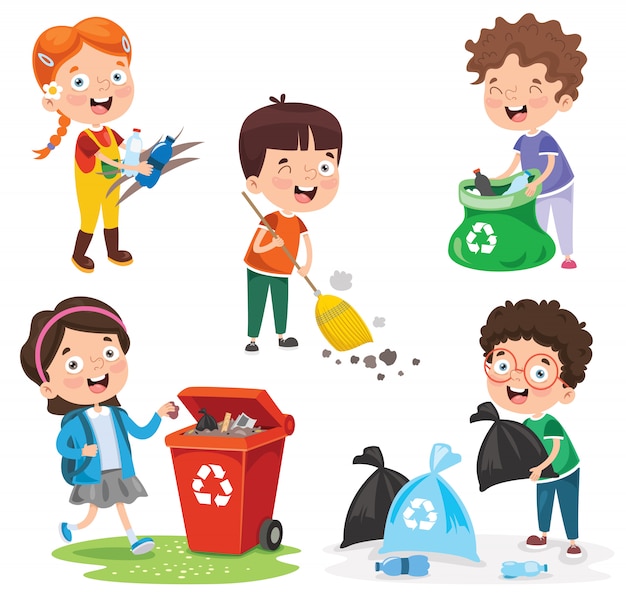 Vector little children cleaning and recycling garbage