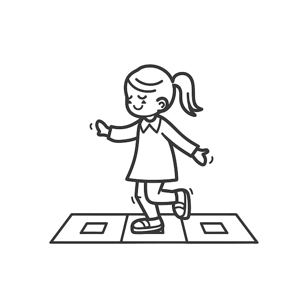 Vector little girl playing hopscotch game minimalist line art icon logo symbol