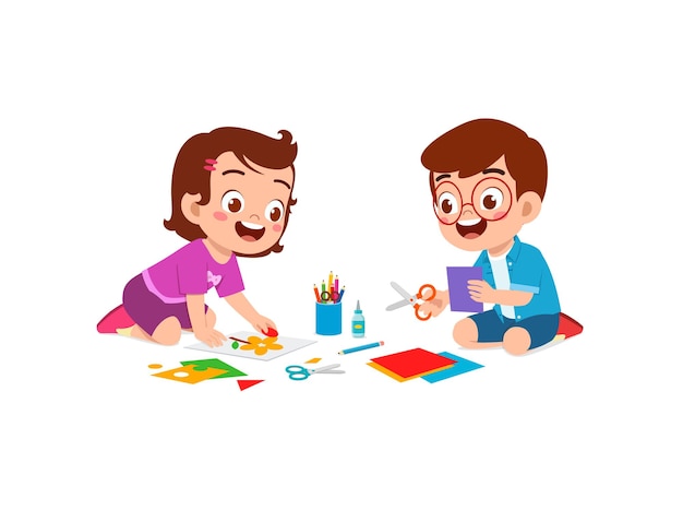 Little kid cut paper for art with friend