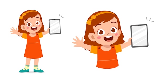 Vector little kid holding smartphone and feel happy
