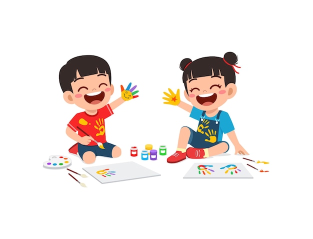 Vector little kid make painting with hand stamp