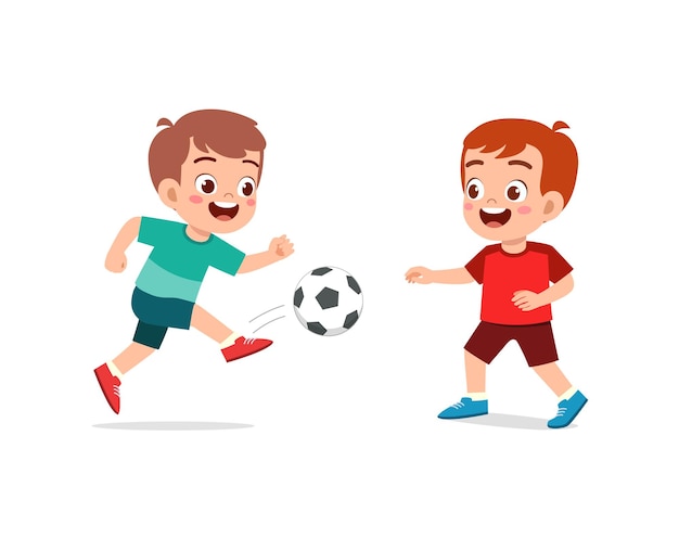 Little kid play football together with friend