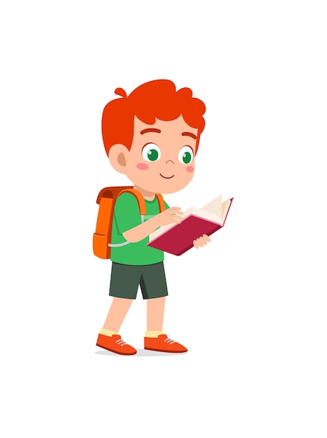 Vector little kid standing and reading a story book