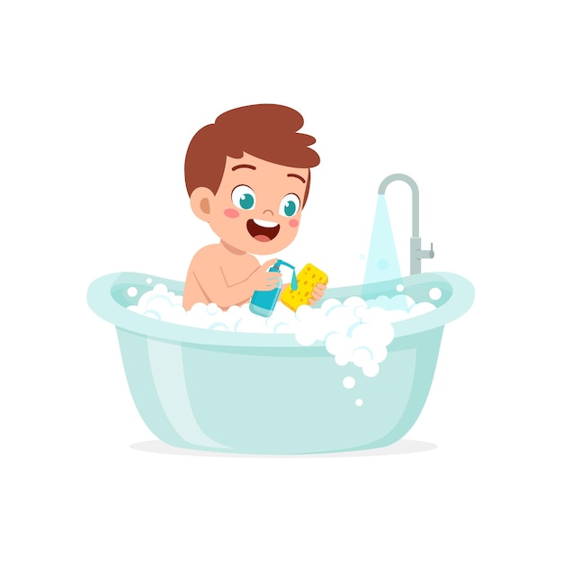 Little kid take a bath in the bathtub