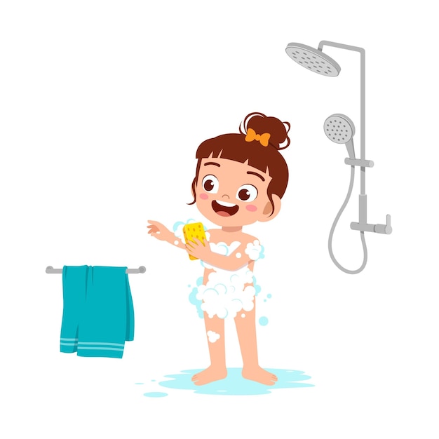 Little kid take a shower and wash body