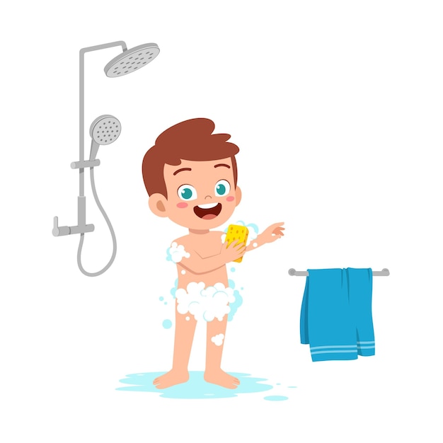 Little kid take a shower and wash body