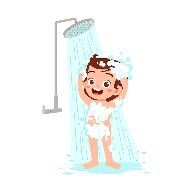 Little kid take a shower and wash body