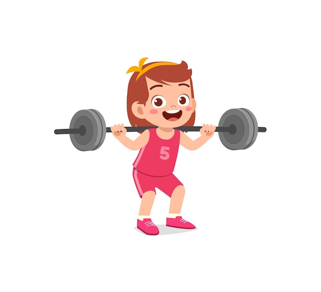 Little kid do workout with weight lifting