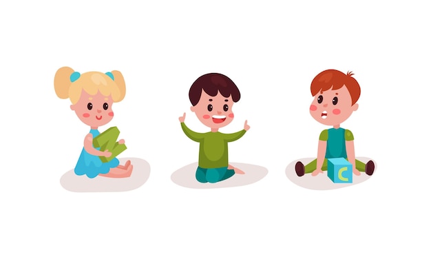 Vector little kids sitting on floor and playing with alphabet blocks vector illustration set