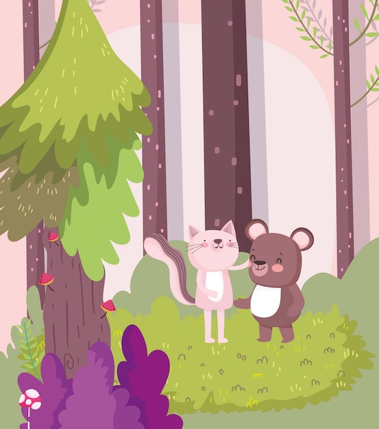 Little pink cat and teddy bear cartoon character forest foliage nature 