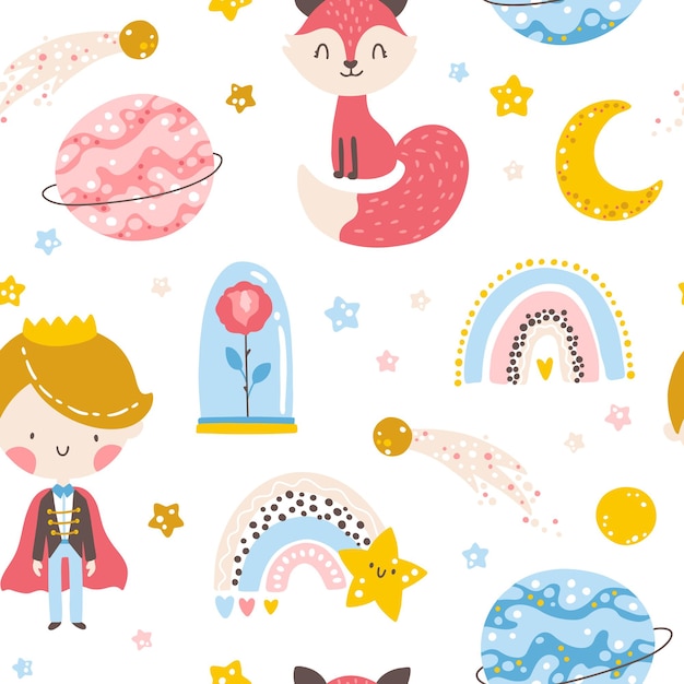 Little prince seamless pattern Boy with Fox rose planets and stars